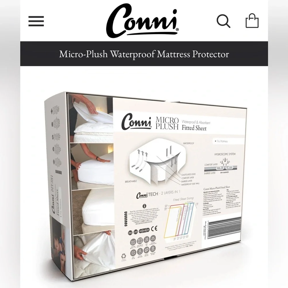 Conni Micro-Plush Waterproof Mattress Protector and Flat sheet Factory packaging